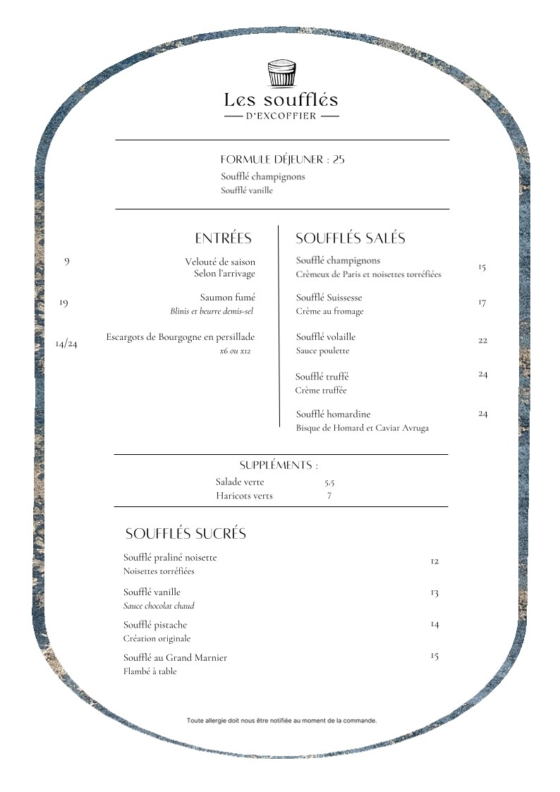 Les Soufflés d'Excoffier menu 1