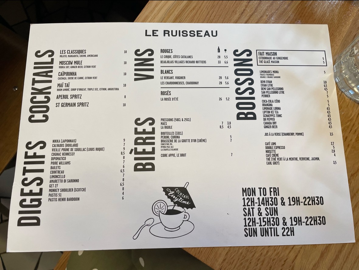 Le Ruisseau Burger Levallois menu 2