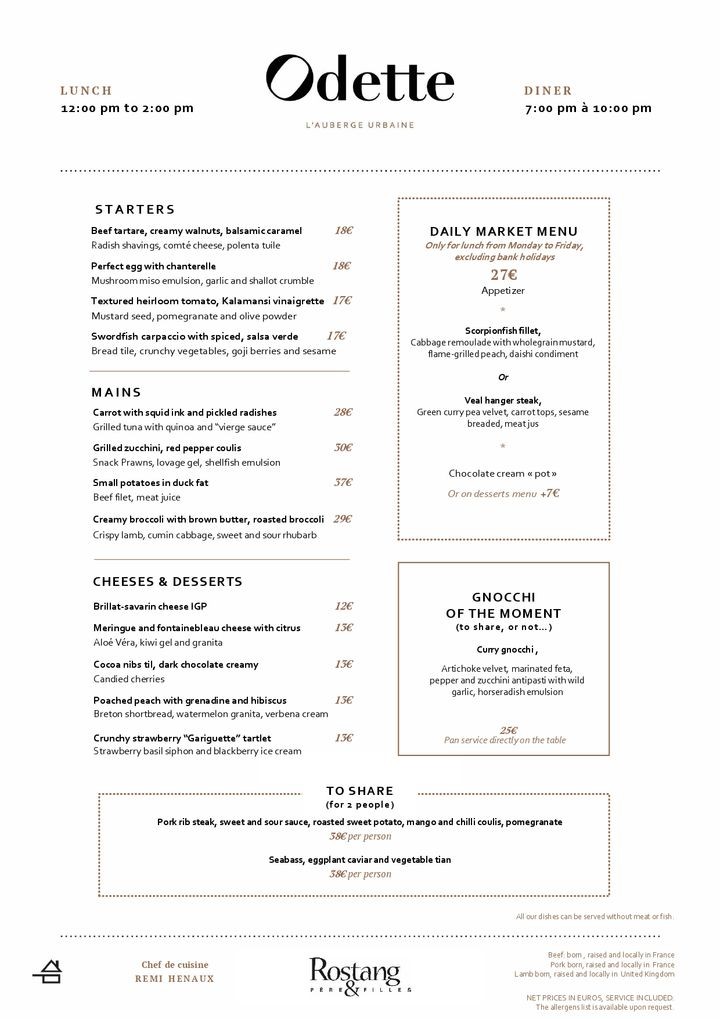 Odette, L'Auberge Urbaine menu 1