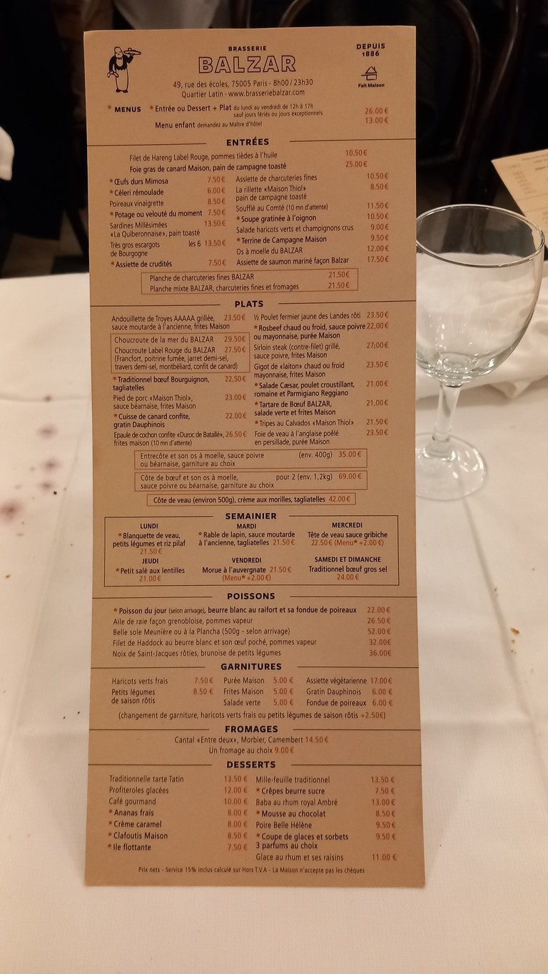 Le Balzar menu 1