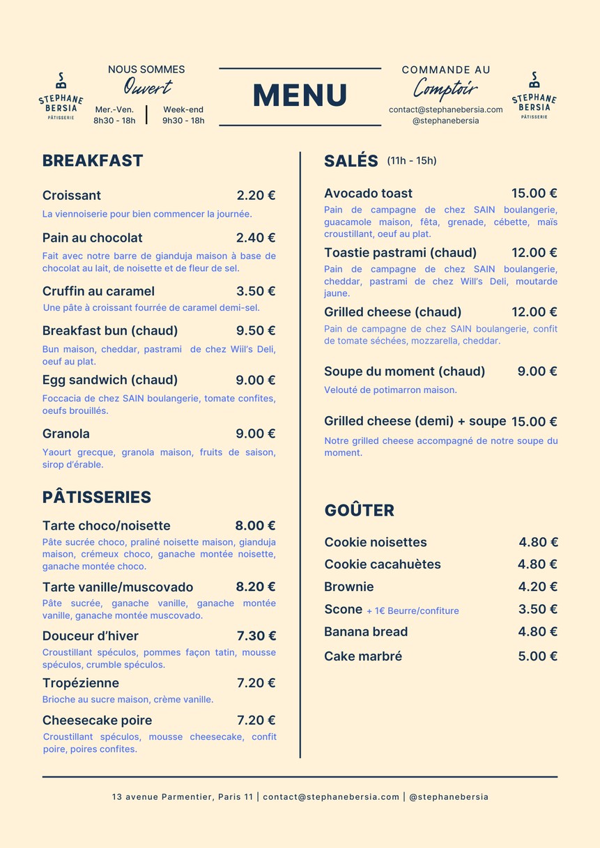 Stéphane Bersia Pâtisserie menu 1