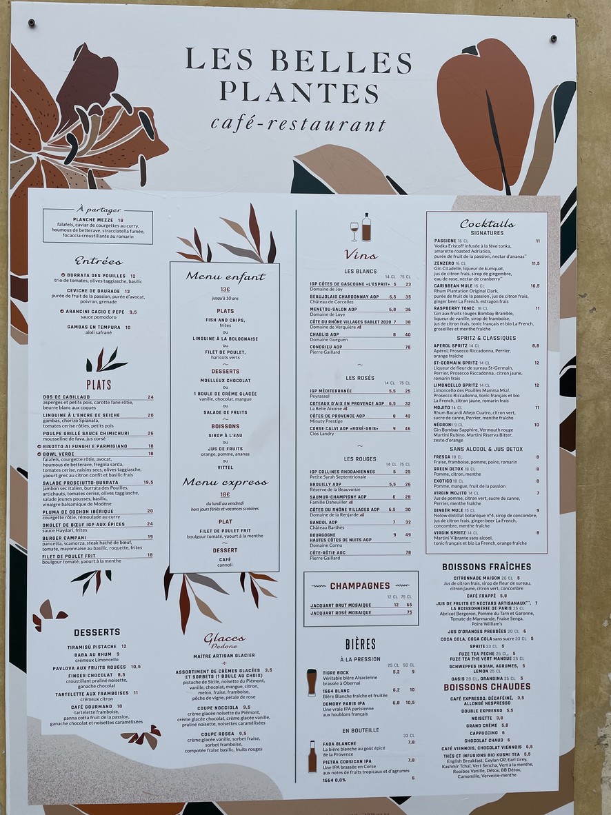 Les Belles Plantes menu 1