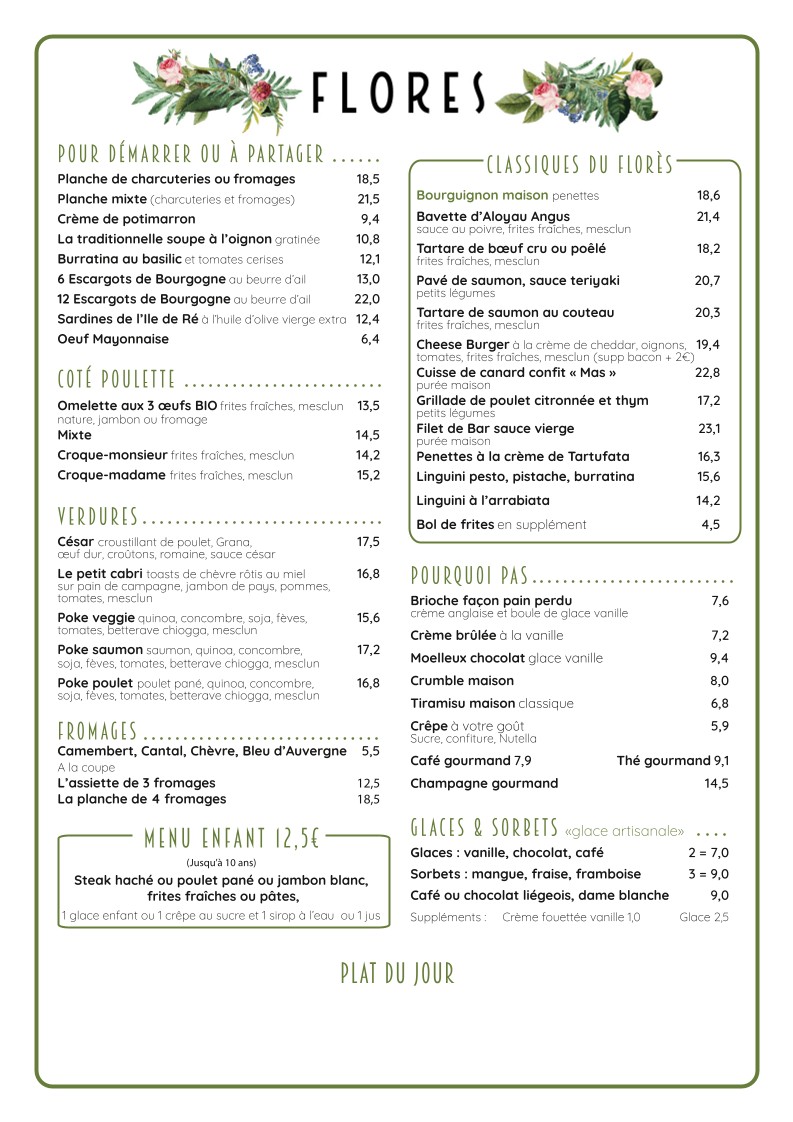 Restaurant Brasserie Flores Paris 9 menu 1
