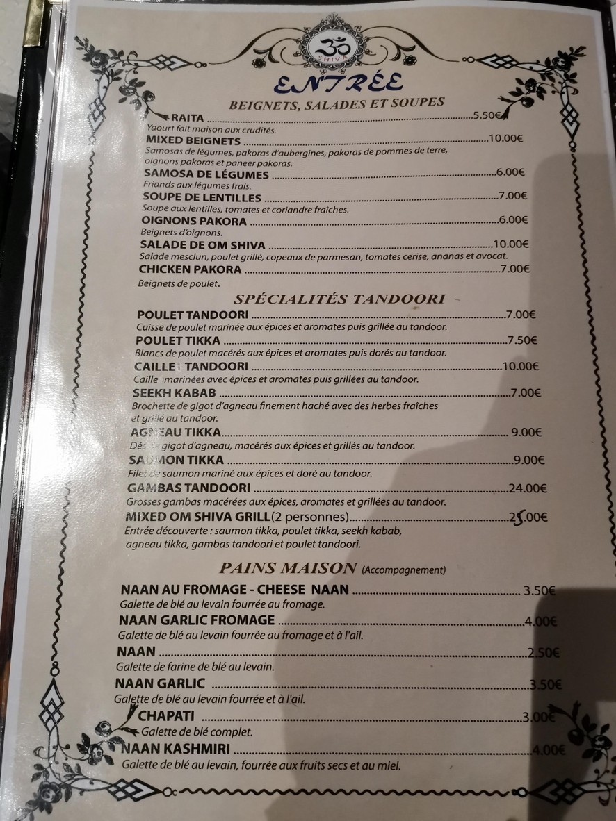 Restaurant Indien Om Shiva menu 1