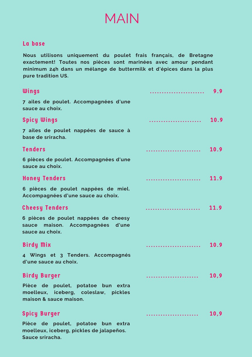 Birdy Miam Miam menu 1