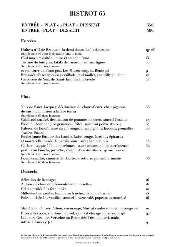Bistrot 65 menu 1
