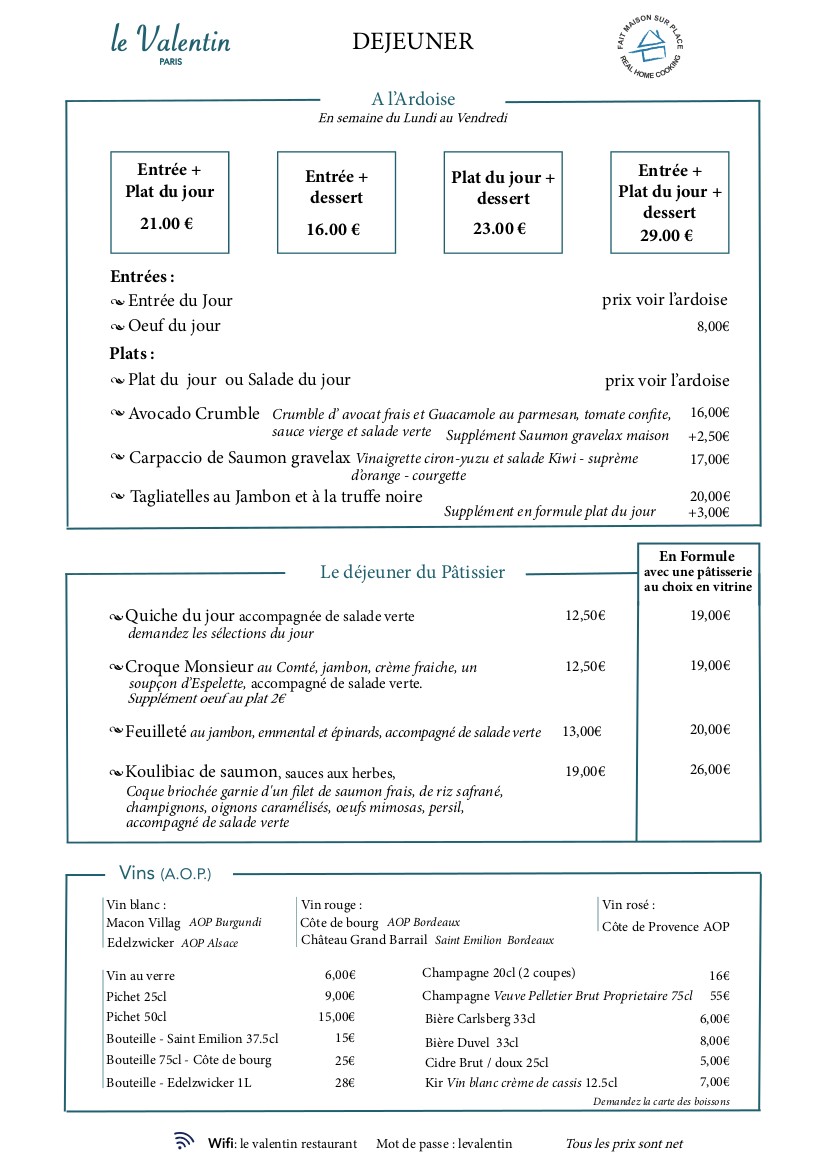 Le Valentin Jouffroy menu 1