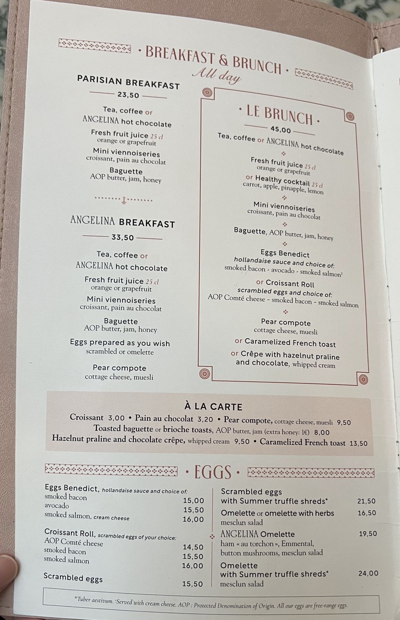 Angelina Paris – Rivoli, Salon de thé historique menu 1