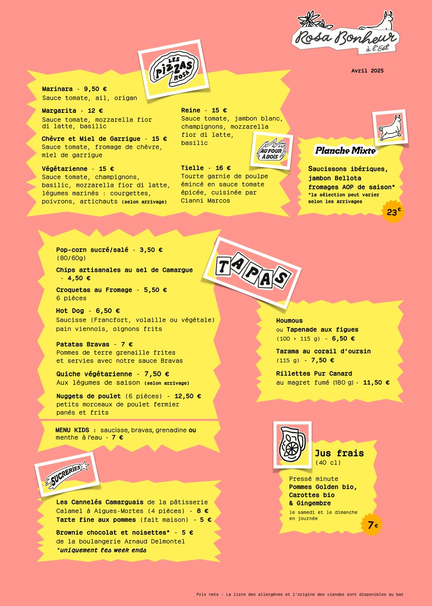 Rosa Bonheur à l'Est menu 1
