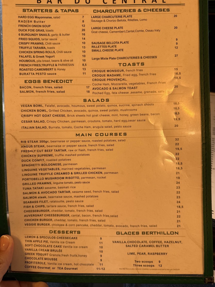 Bar du Central menu 1
