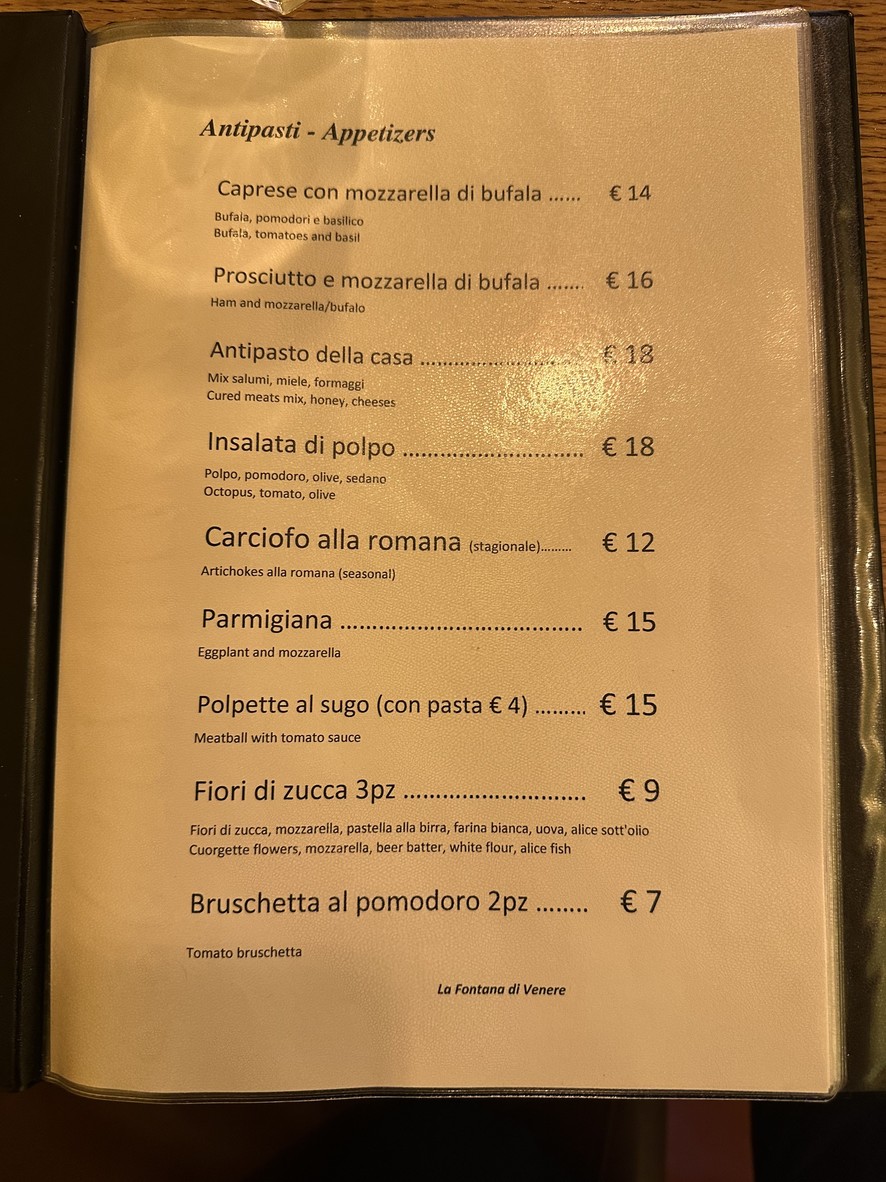 La fontana di Venere menu 1