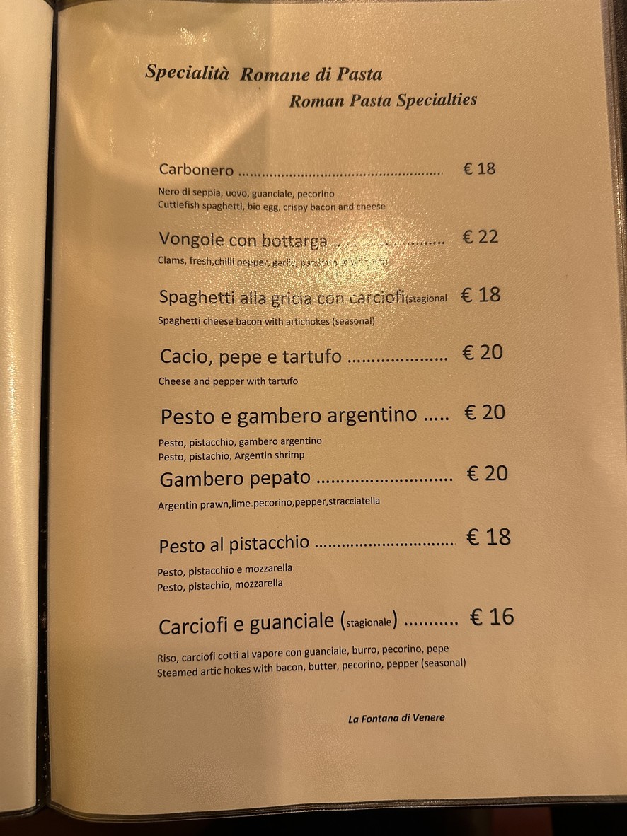 La fontana di Venere menu 2