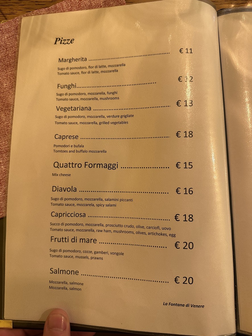 La fontana di Venere menu 3