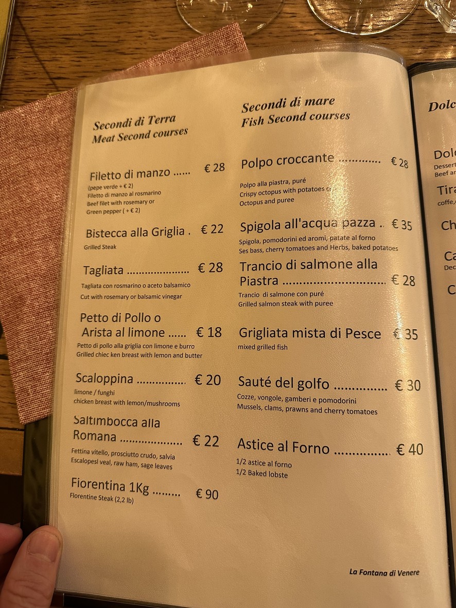 La fontana di Venere menu 4