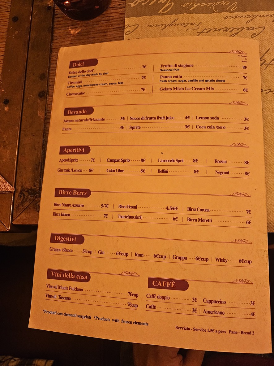 La fontana di Venere menu 5