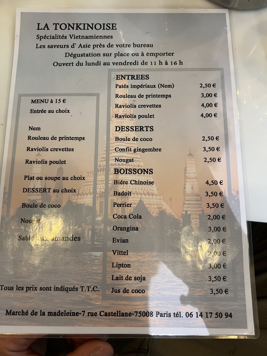La tonkinoise menu 1