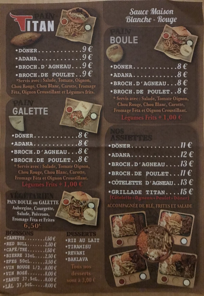 Restaurant Titan- Artisan Kebabier menu 1
