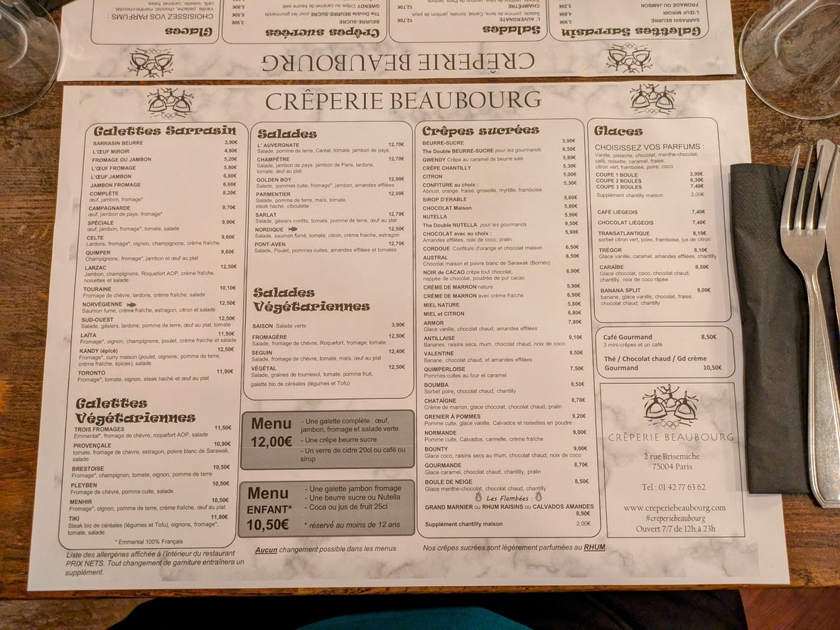 Crêperie Beaubourg menu 1
