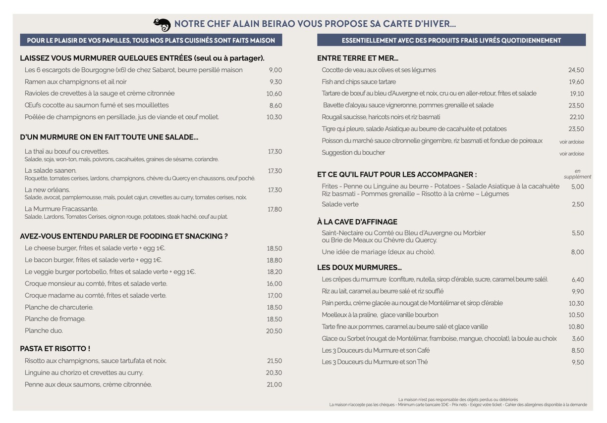 Le Murmure Fracassant menu 1