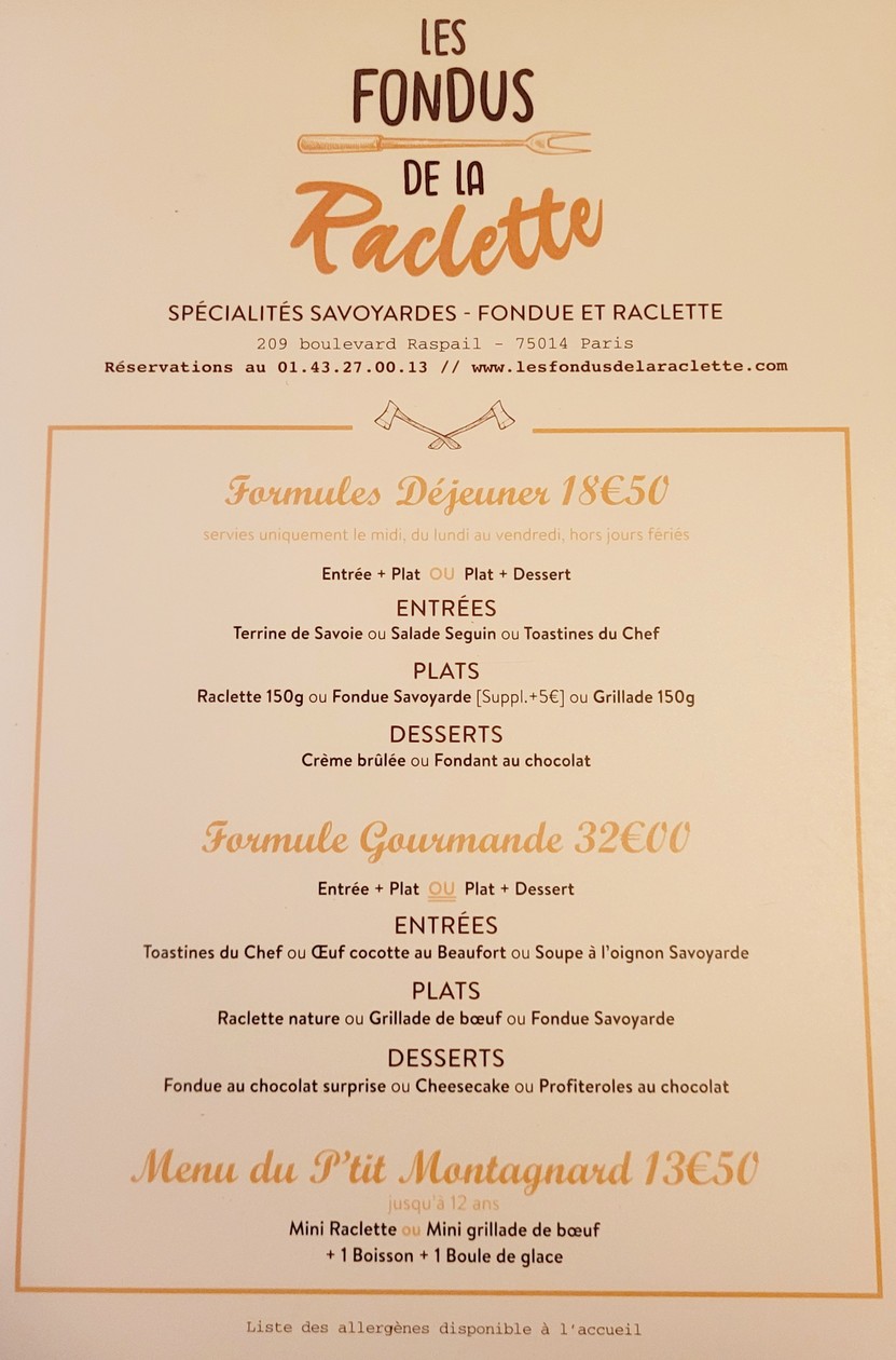 Les Fondus de la Raclette menu 1