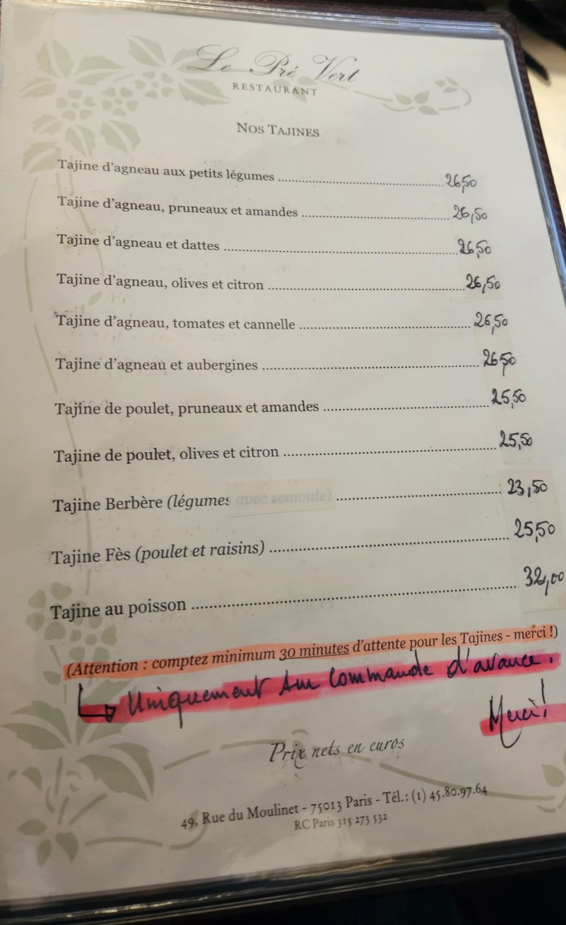 Le Pré Vert menu 1