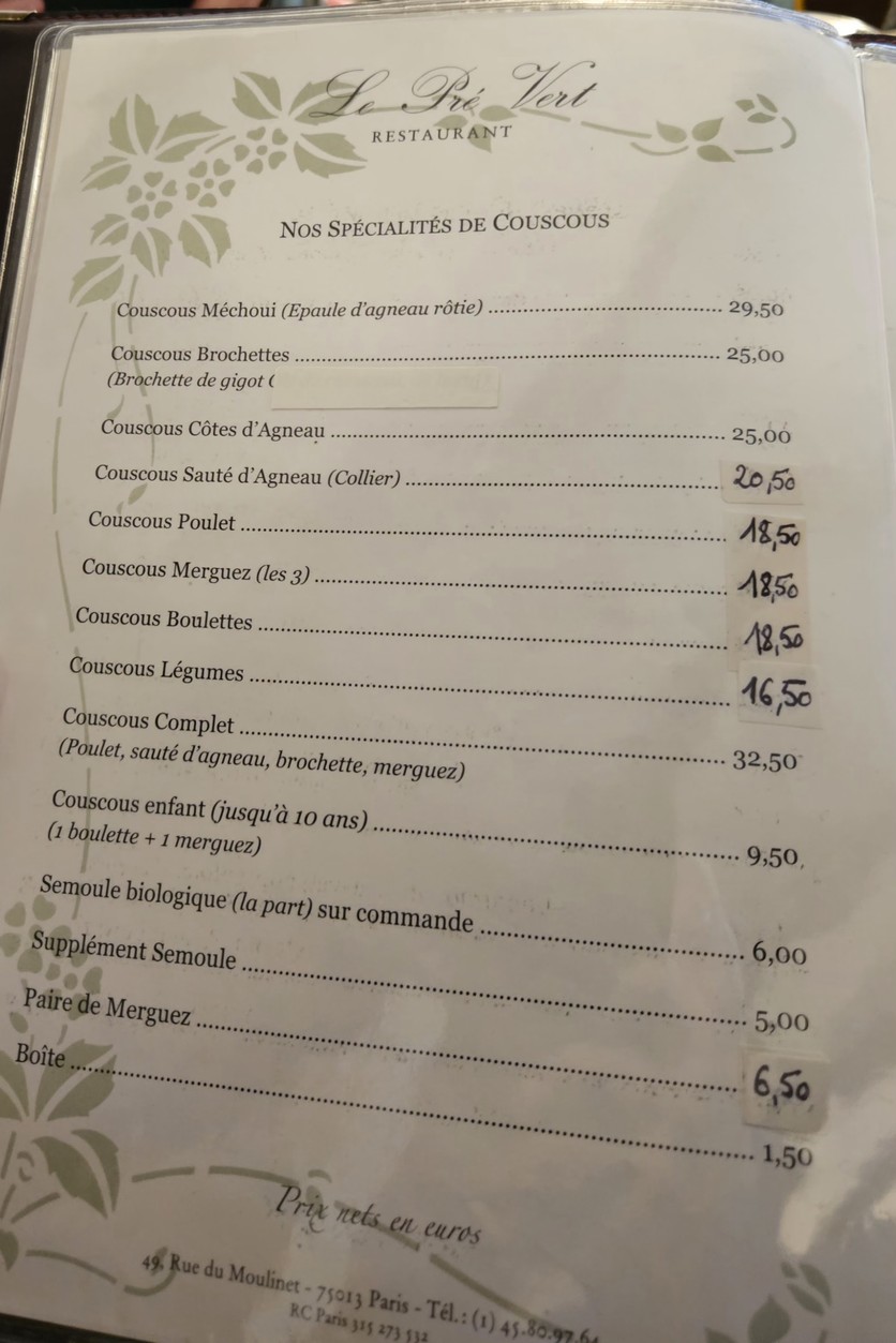 Le Pré Vert menu 2