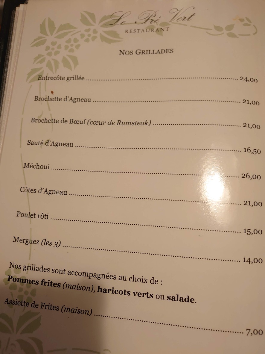 Le Pré Vert menu 3