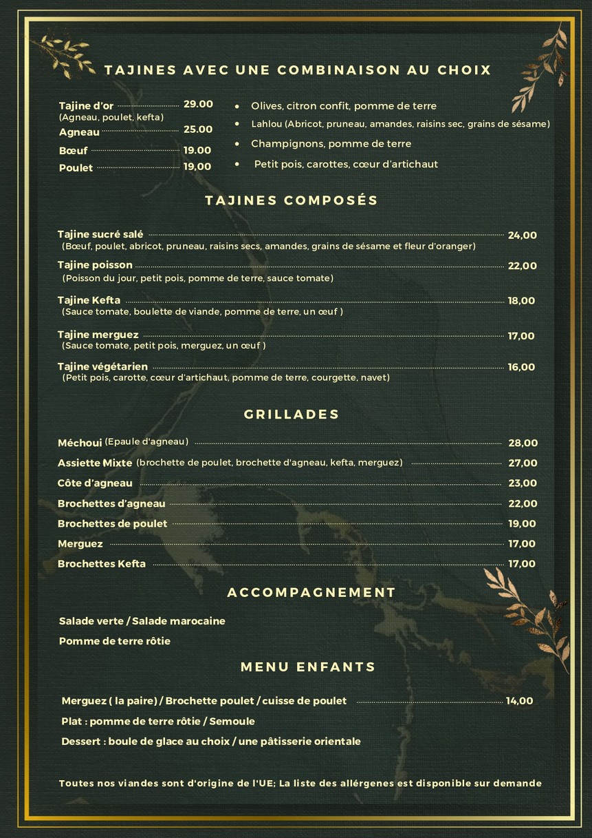 La Tajine d'Or menu 2