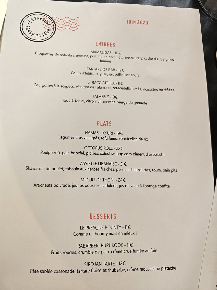 Le presque bout du monde menu 1
