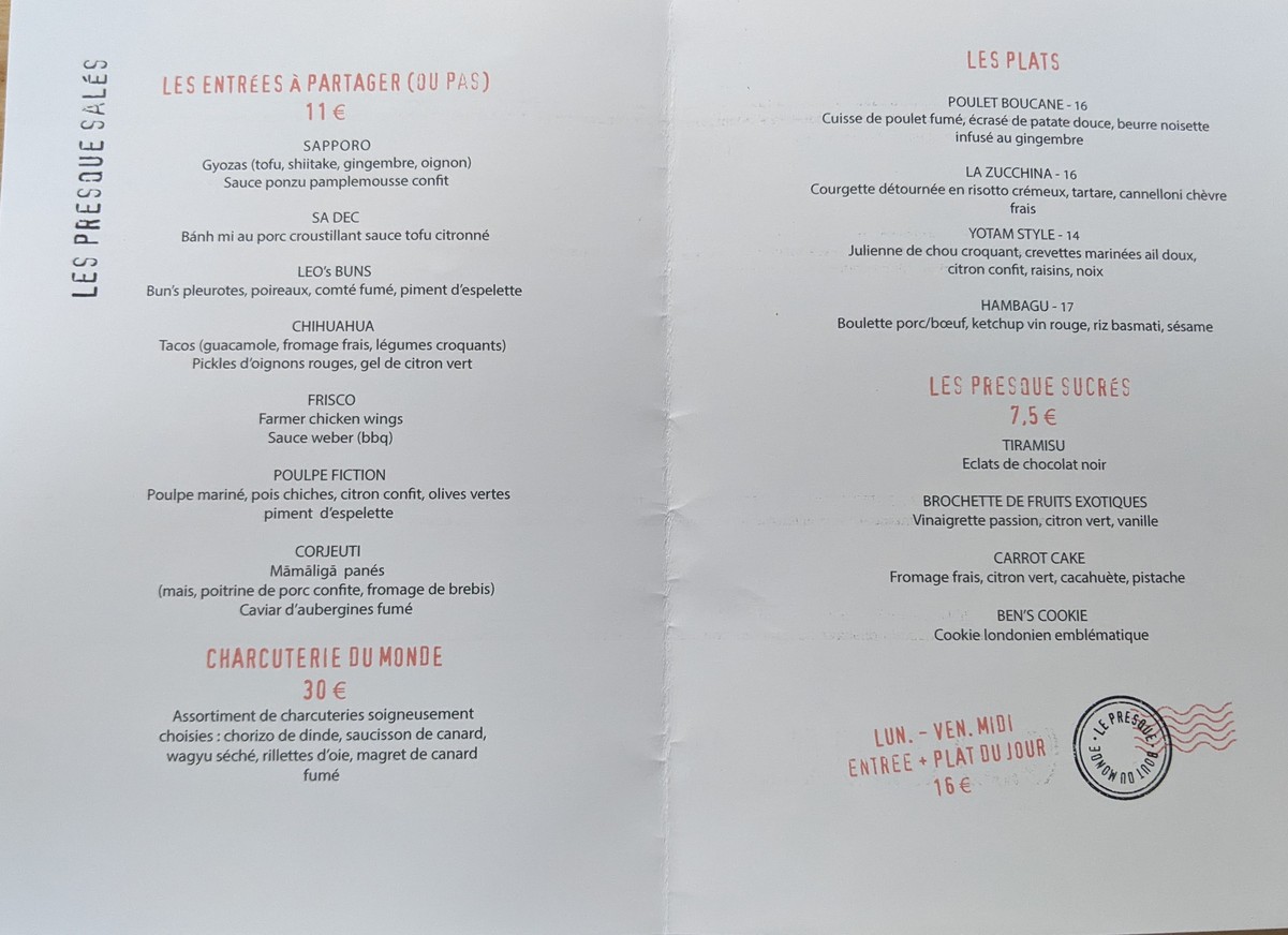 Le presque bout du monde menu 2