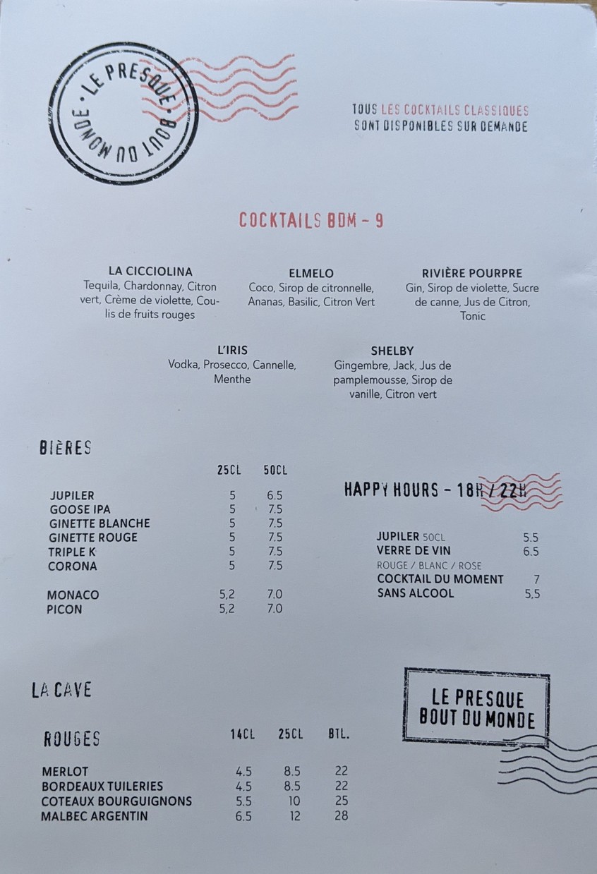 Le presque bout du monde menu 4