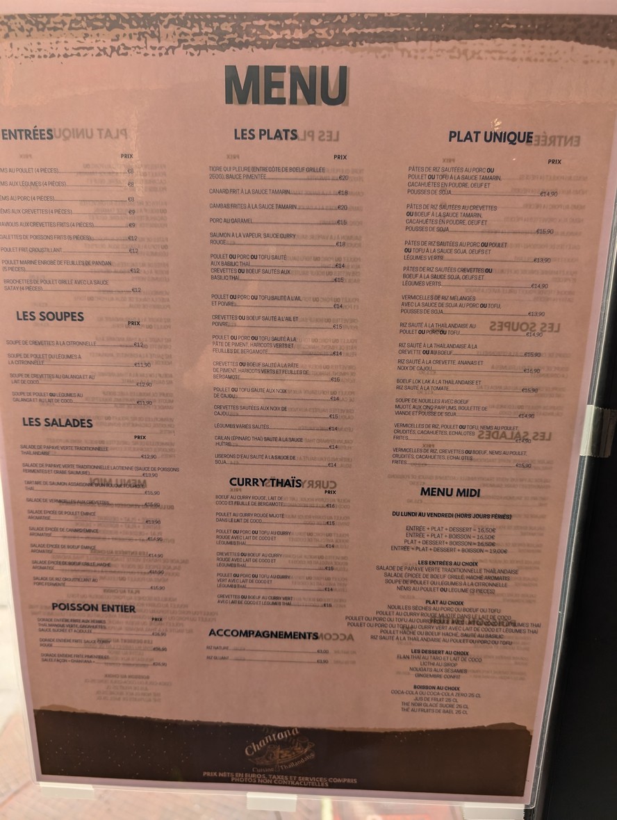Chantana Cuisine Thailandaise menu 1