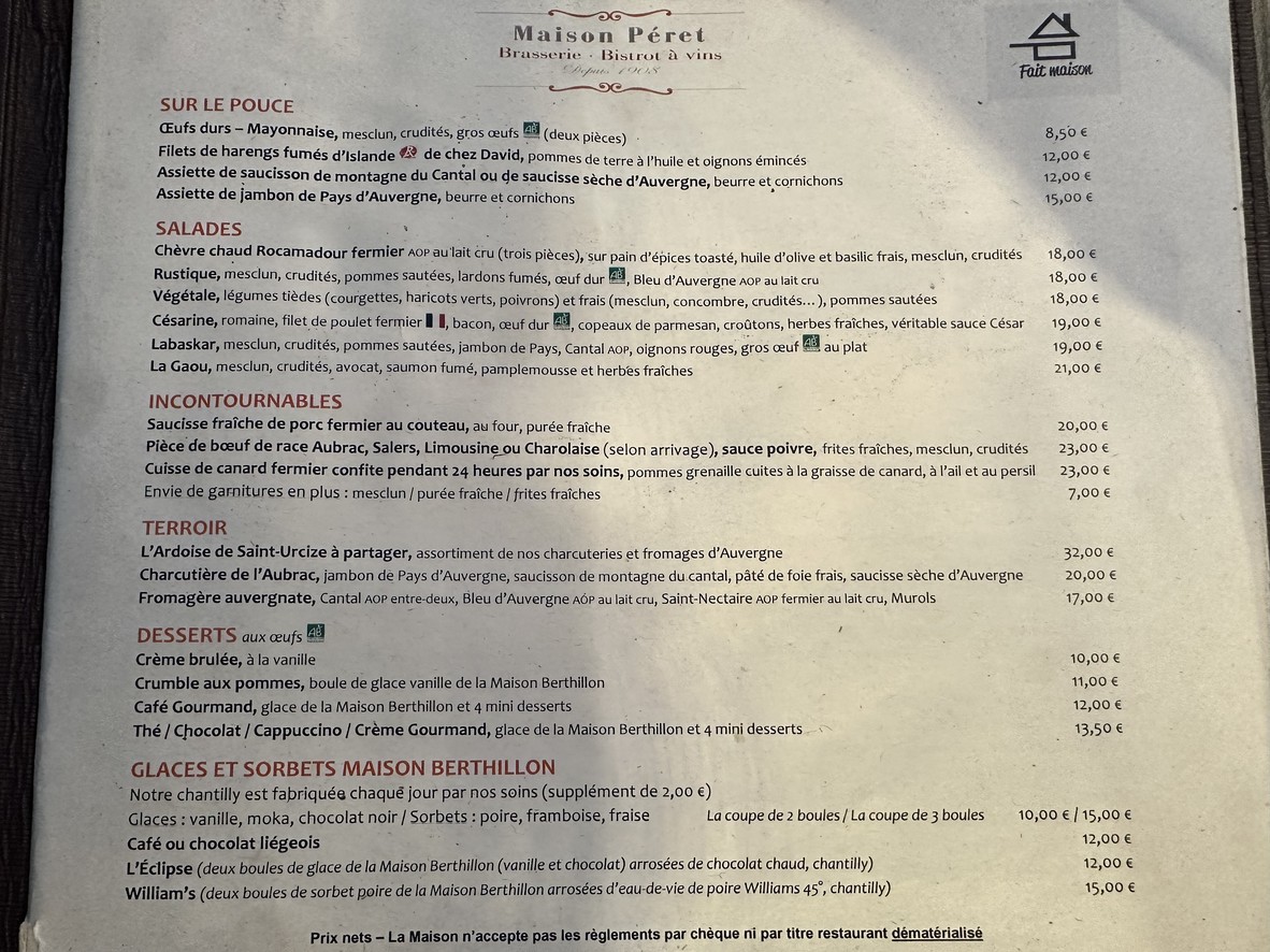 Maison Péret menu 1