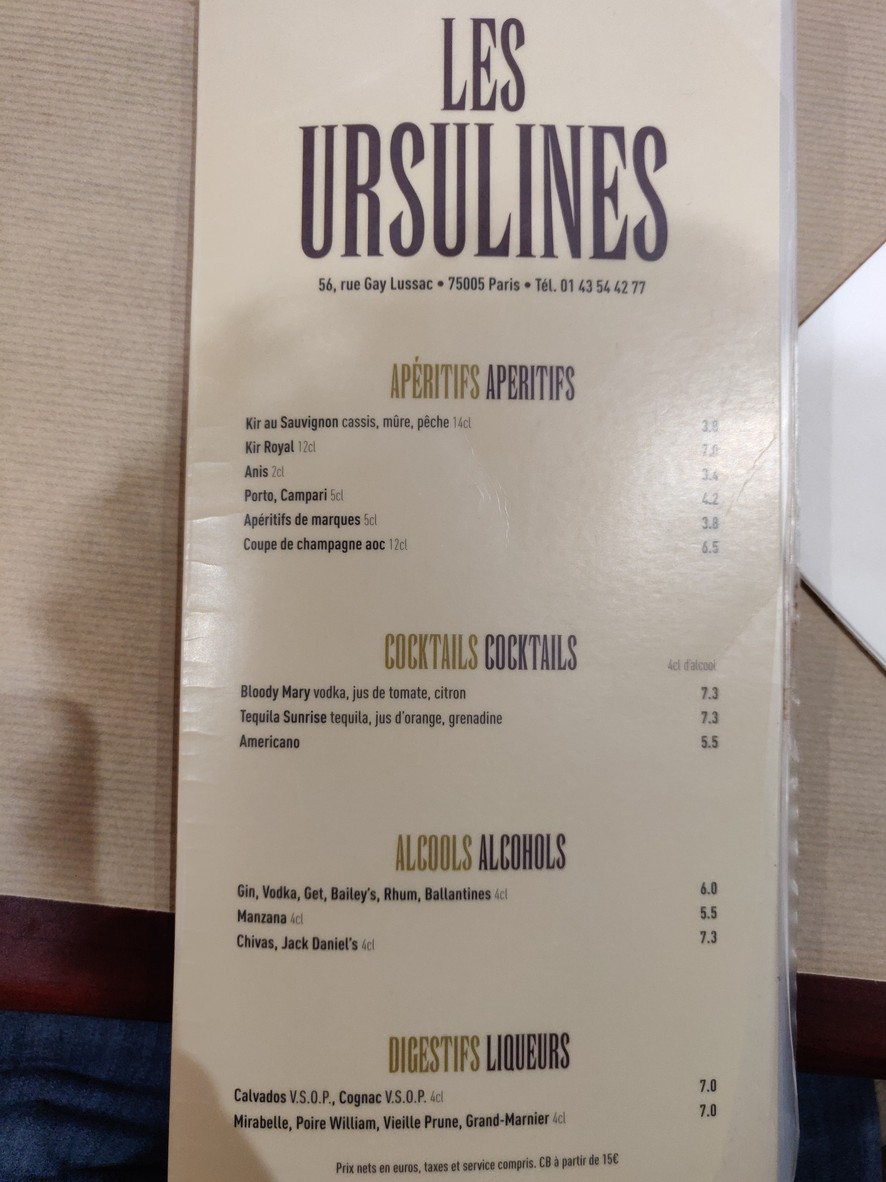 Les Ursulines menu 1
