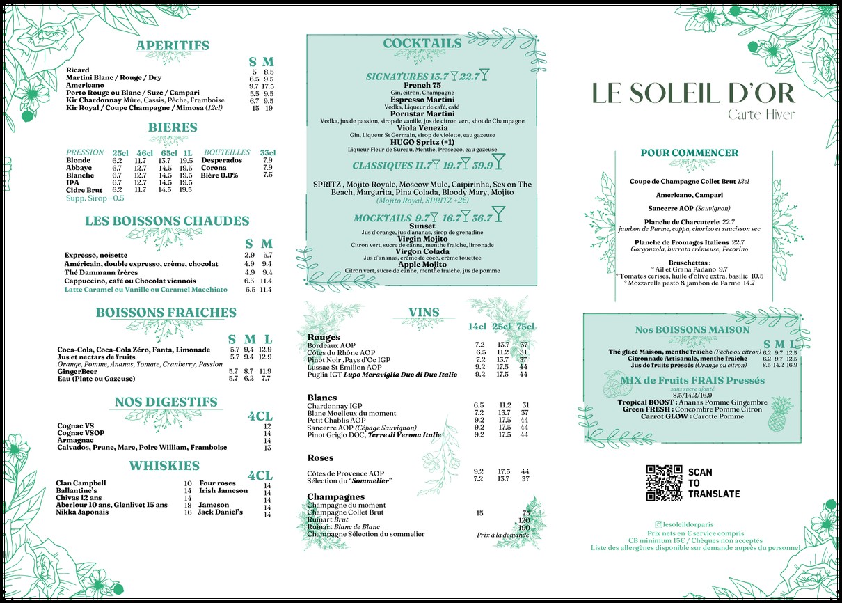 Le Soleil d'Or menu 1