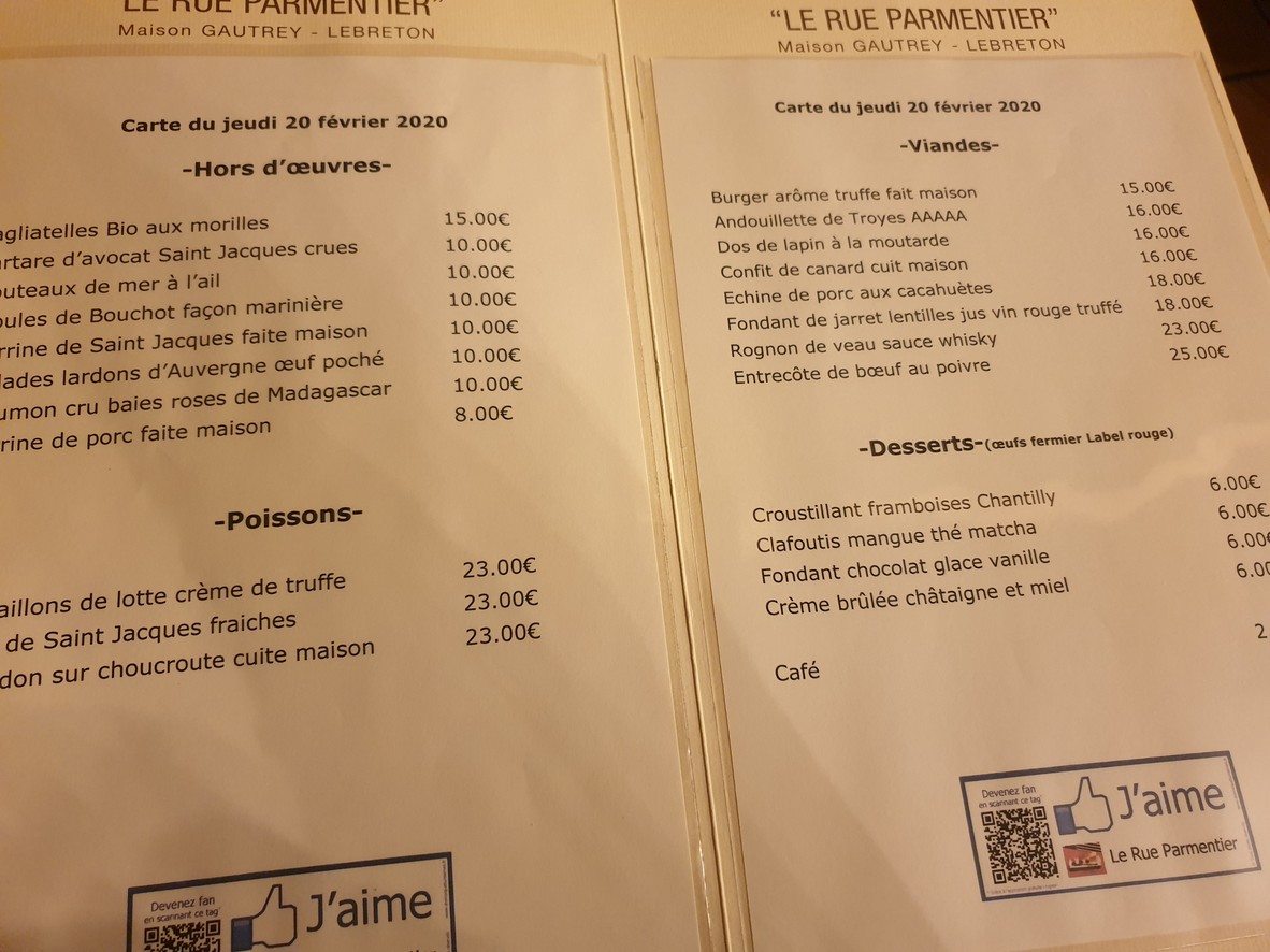 Le Rue Parmentier menu 1