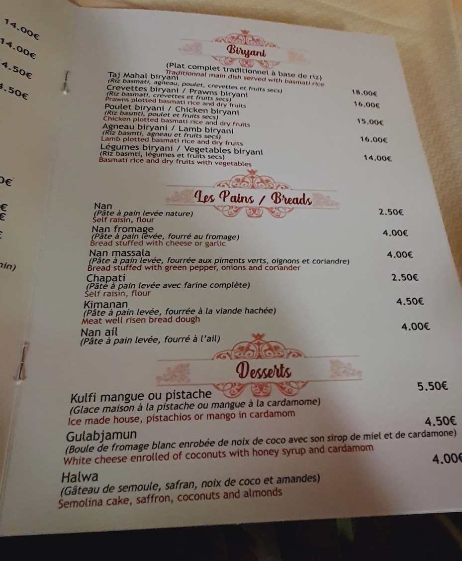 Taj Mahal menu 5