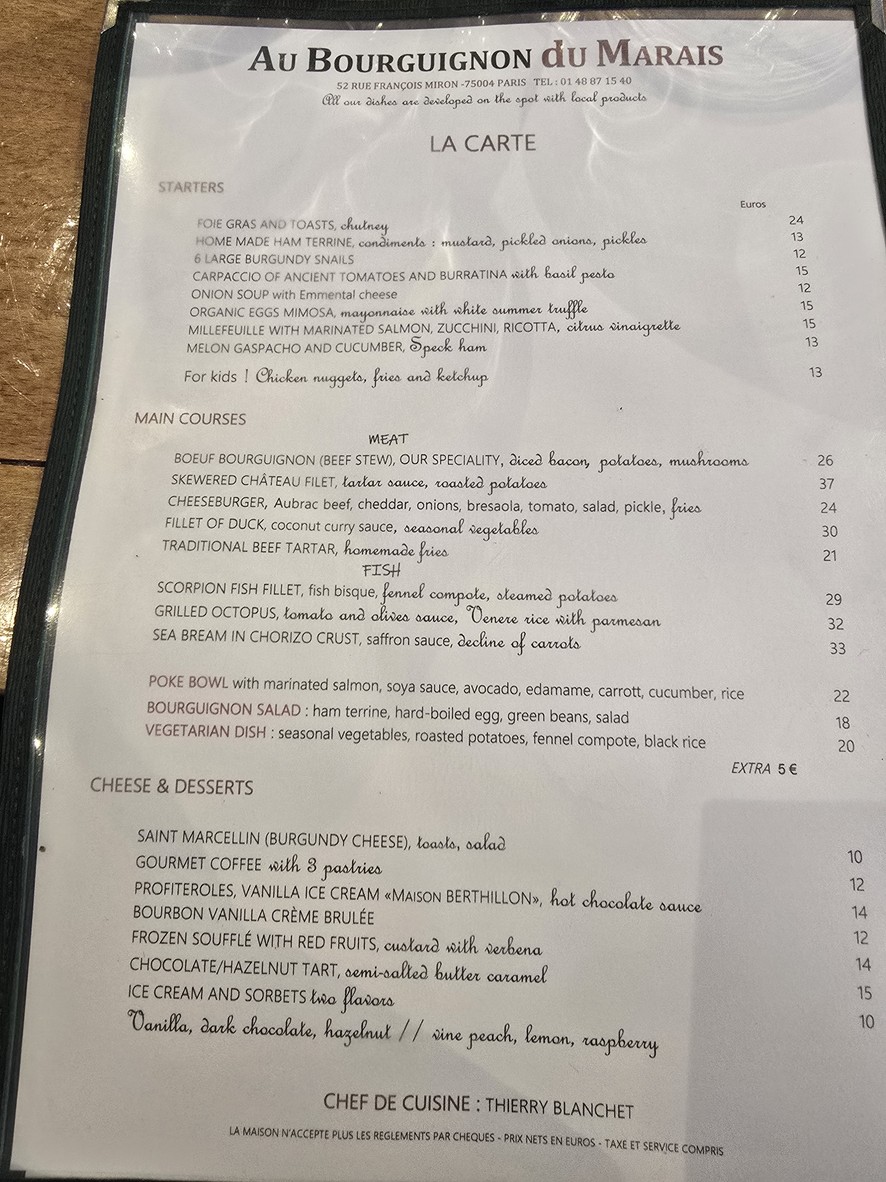 Au Bourguignon du Marais menu 1