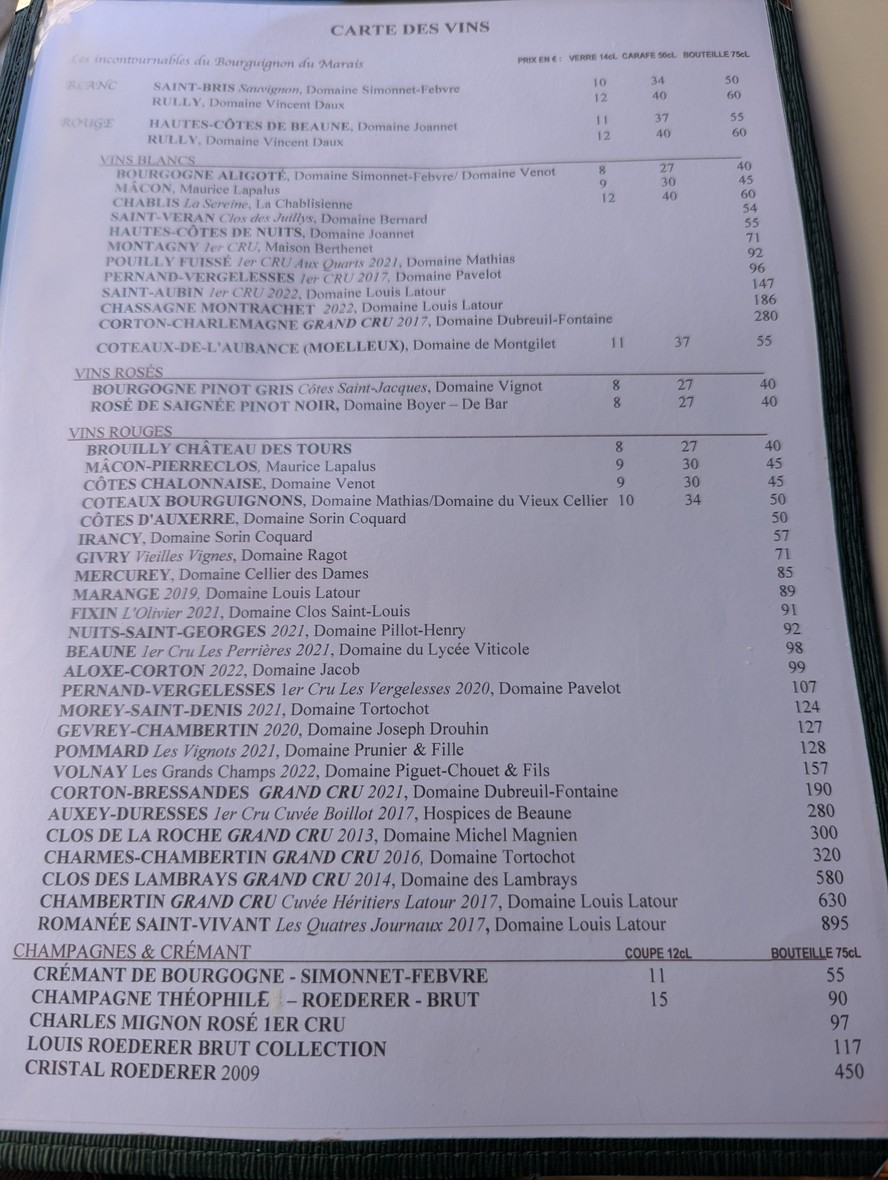 Au Bourguignon du Marais menu 2