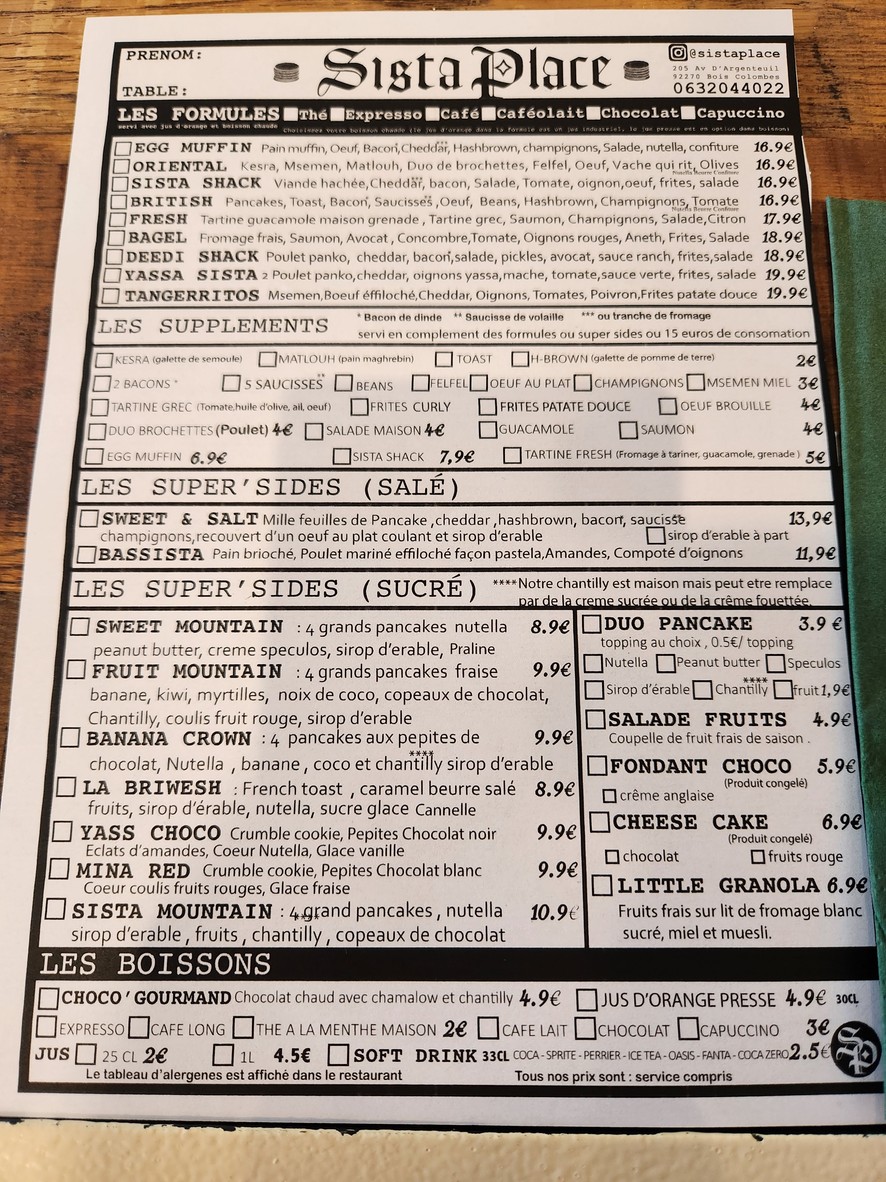 Sista Place menu 1