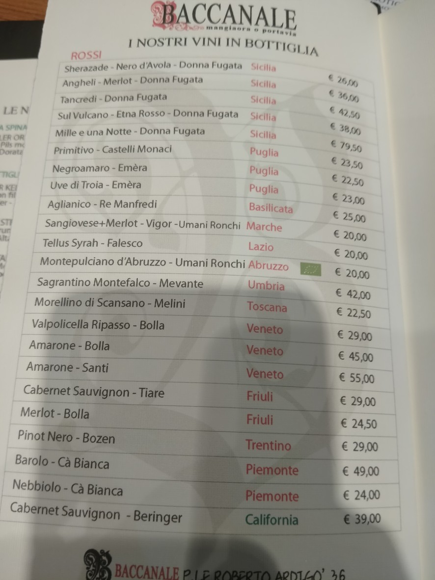 Baccanale menu 3