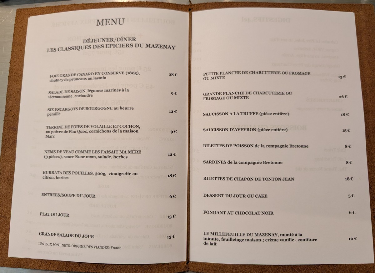 Les Epiciers menu 1
