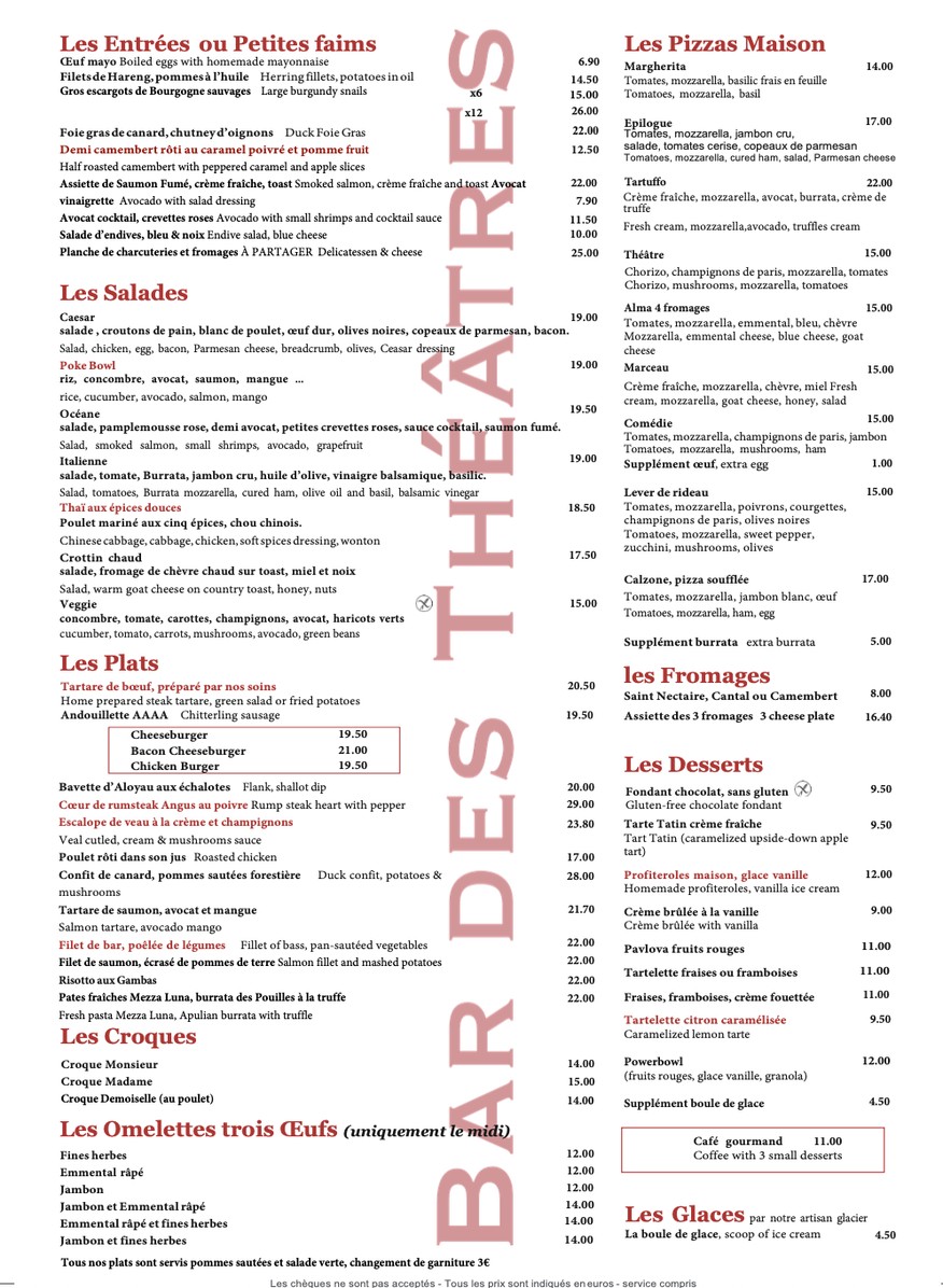 Bar des Théâtres menu 1