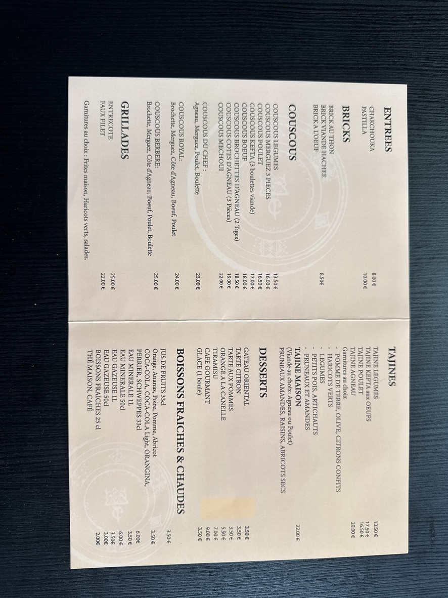 La Couscoussière menu 2