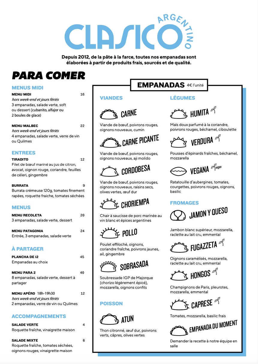 Clasico Argentino Montparnasse menu 1