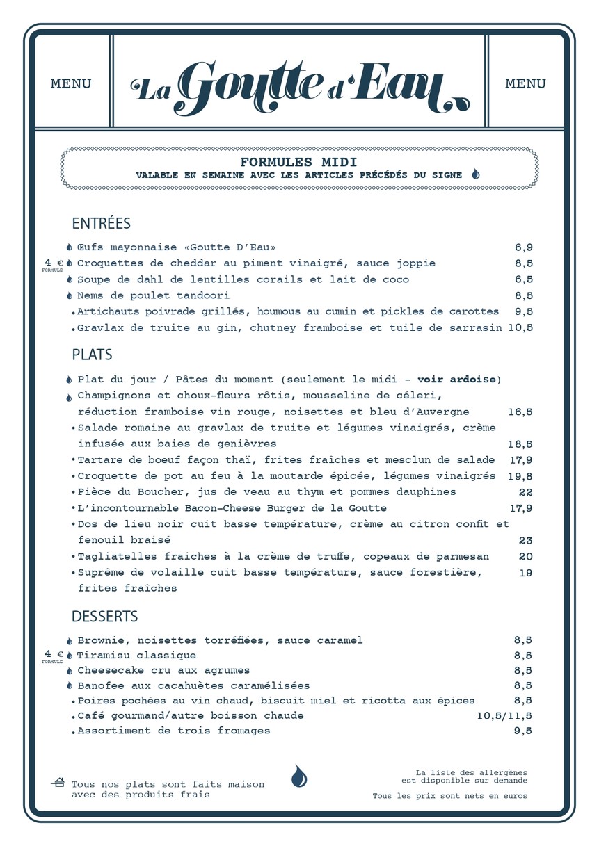 La Goutte d’Eau menu 1