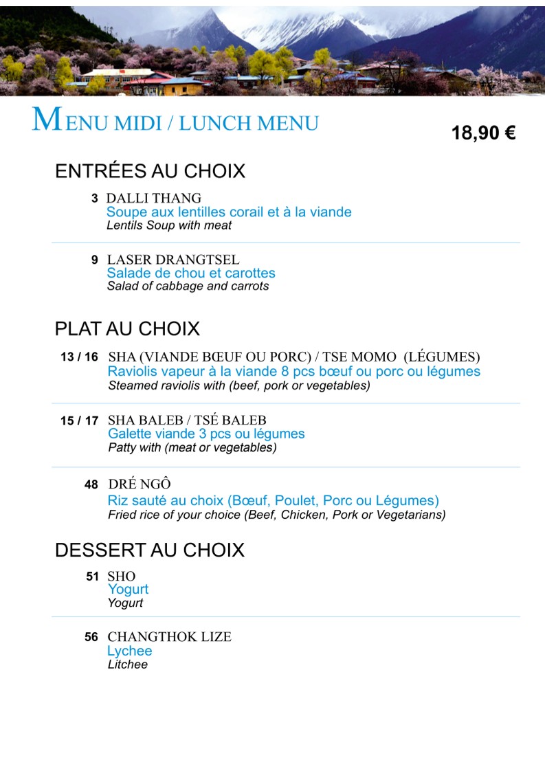 Kokonor Restaurant Tibétain menu 1