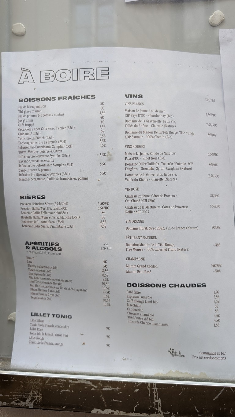 Bar à Bulles menu 1