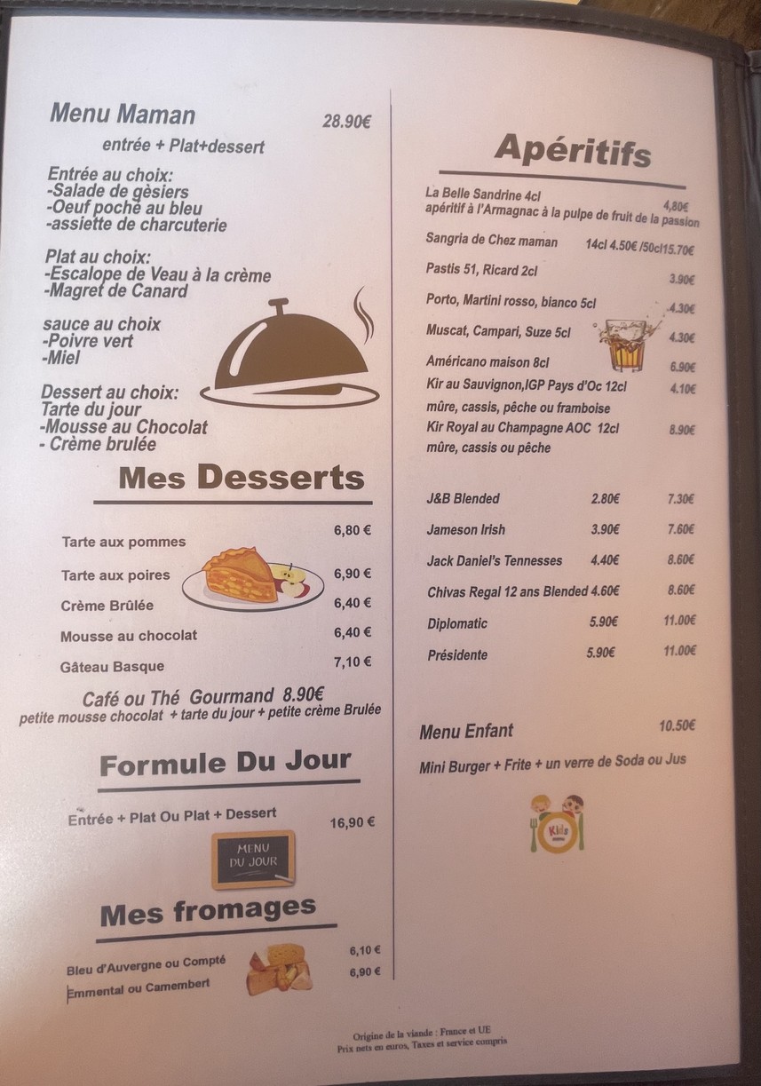 Chez maman menu 1