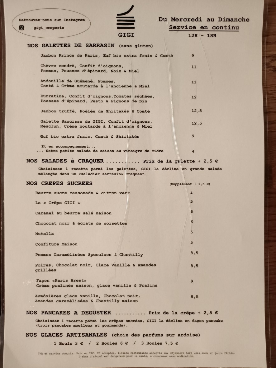 Crêperie Gigi menu 1